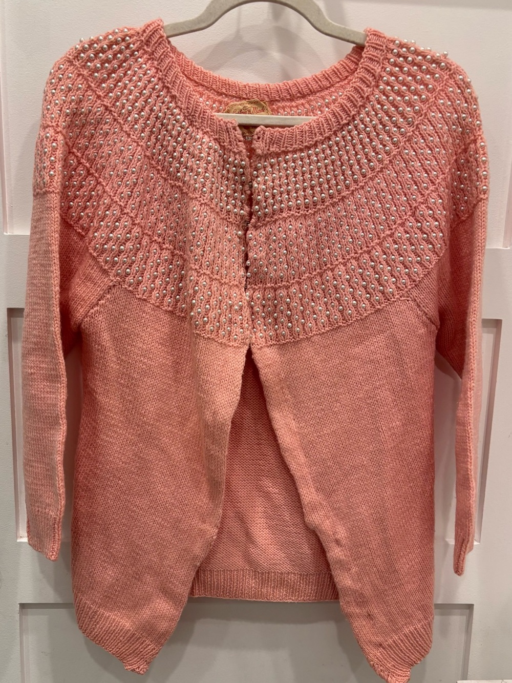 Handmade Vintage Pearl-Embellished Peach Open-Front Knit Cardigan